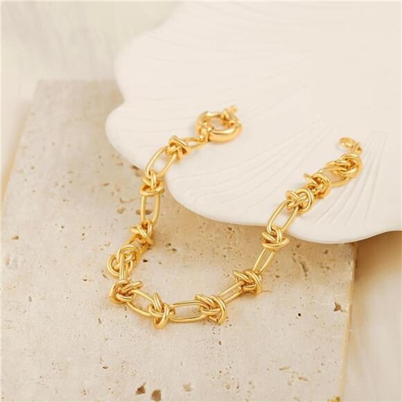 18K Gold Knot Link Chain Bracelet – Chunky Gold Plated Bracelet for Women - Picture 2 of 7